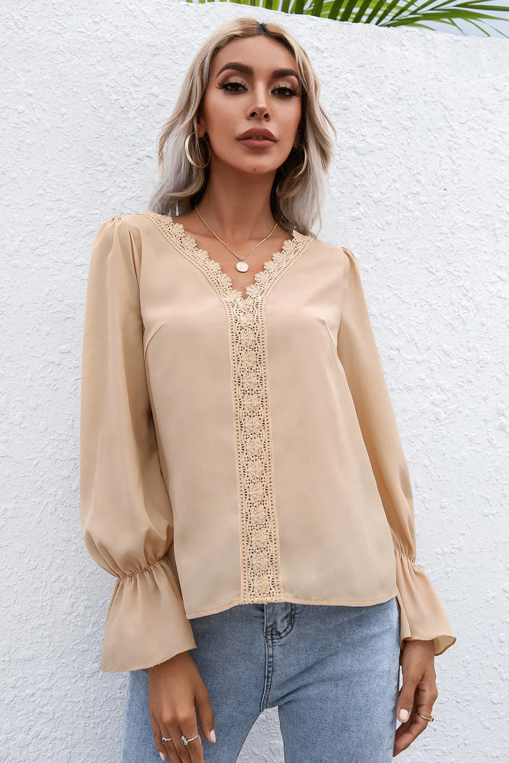 Lace Trim Flounce Sleeve Blouse, 3 Colors