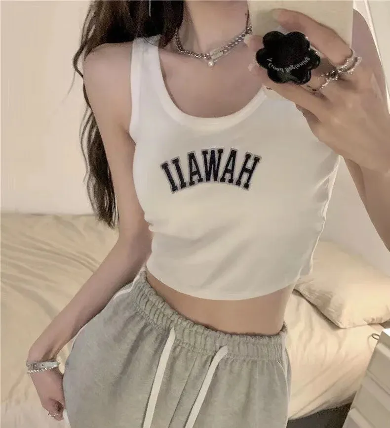 Letter O-Neck Solid Streetwear Elegant Shoulder Female Crop Off Slim Y2K Elastic Top