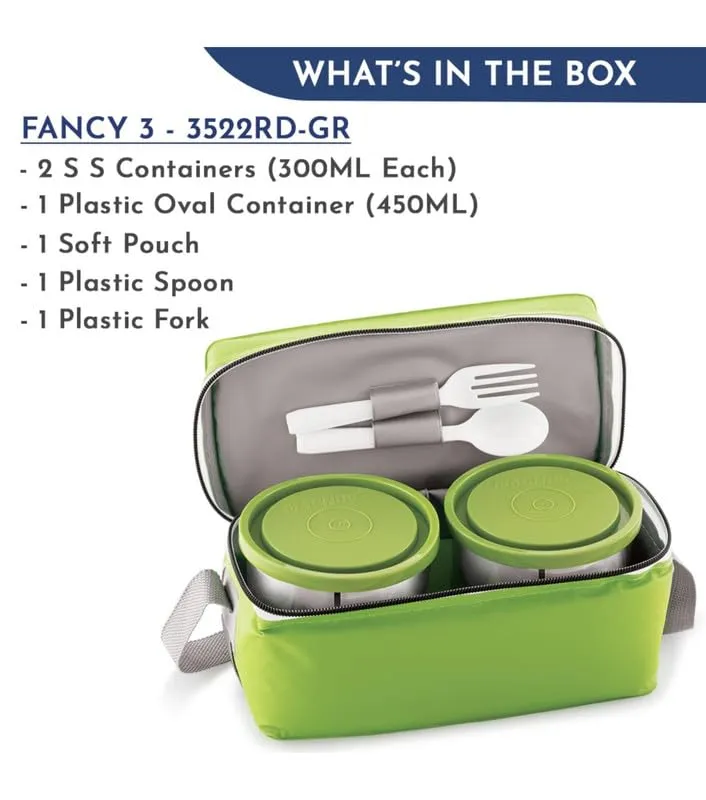 Magnus Fancy 3 Steel Lunch Box Set with Leak-Proof Containers, 3 Compartments, Washable Cover, Stylish Carry Bag - Lunch Box for Kids, Lunch Boxes for Office Men and Women, Safe Design (Green)