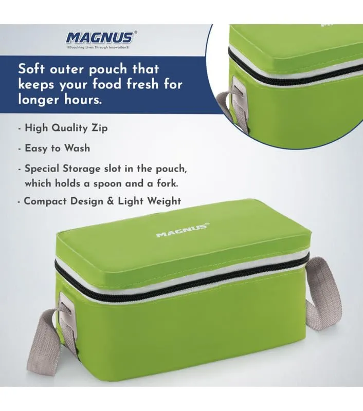 Magnus Fancy 3 Steel Lunch Box Set with Leak-Proof Containers, 3 Compartments, Washable Cover, Stylish Carry Bag - Lunch Box for Kids, Lunch Boxes for Office Men and Women, Safe Design (Green)