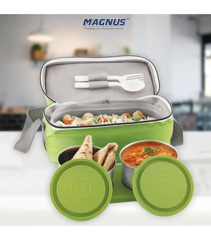 Magnus Fancy 3 Steel Lunch Box Set with Leak-Proof Containers, 3 Compartments, Washable Cover, Stylish Carry Bag - Lunch Box for Kids, Lunch Boxes for Office Men and Women, Safe Design (Green)