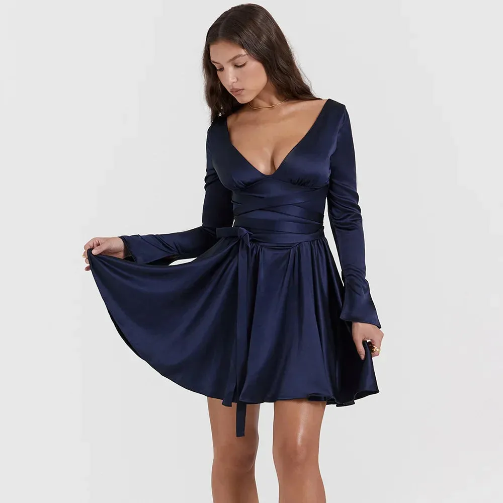 Mini Club Backless Long Pleated Tunic 2024 Women Sleeve Belt Autumn Sexy Satin Party Dress Dress