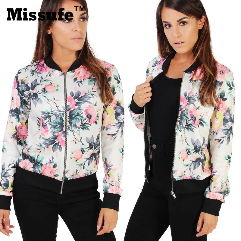 Missufe Women Basic Coats 2016 Casual Slim Zippers Print Bomber Jacket Street Fashion Outfit Female Autumn Winter Jackets