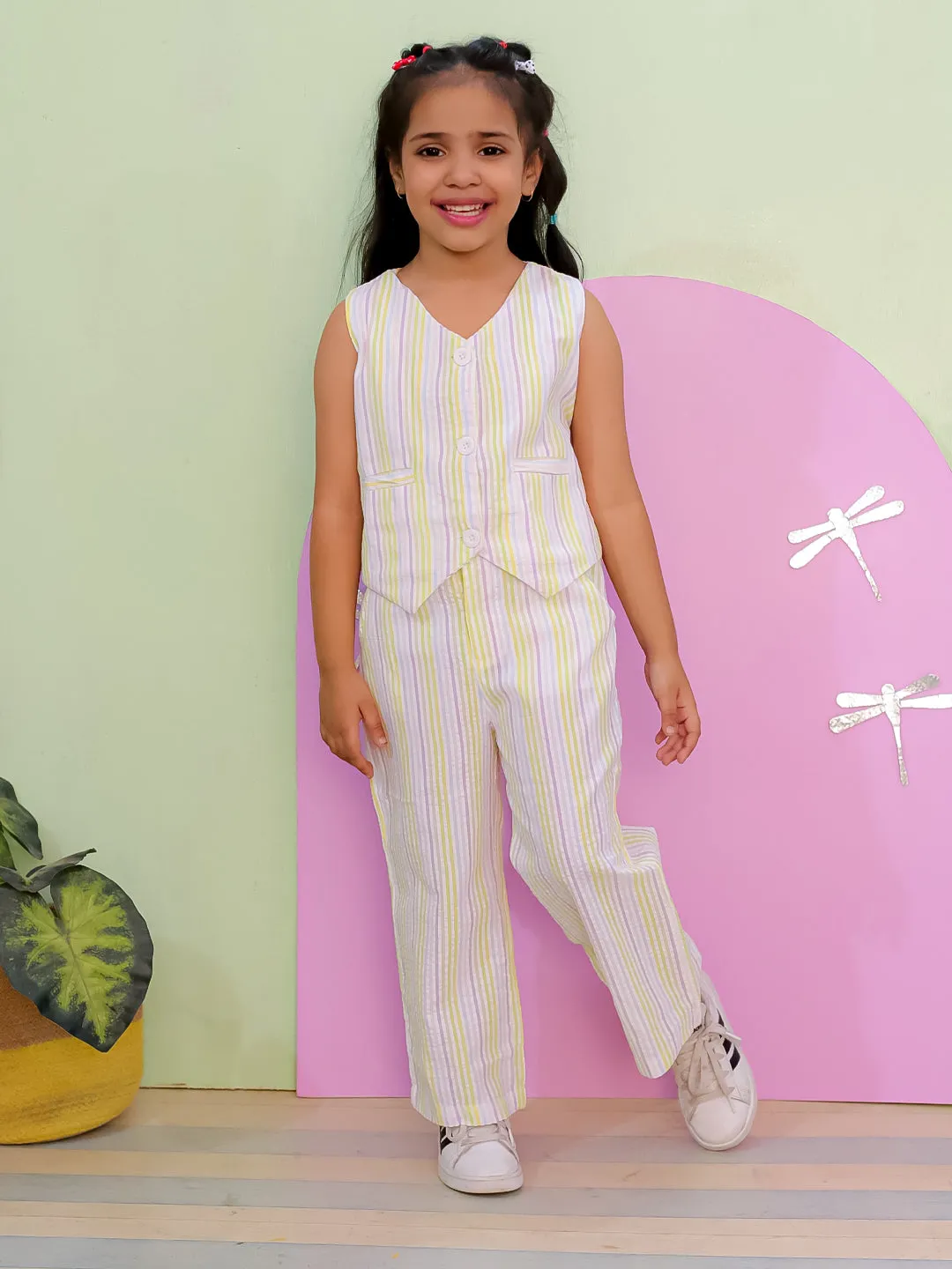 Multi Color Striped Girls Co Ord Pant Set