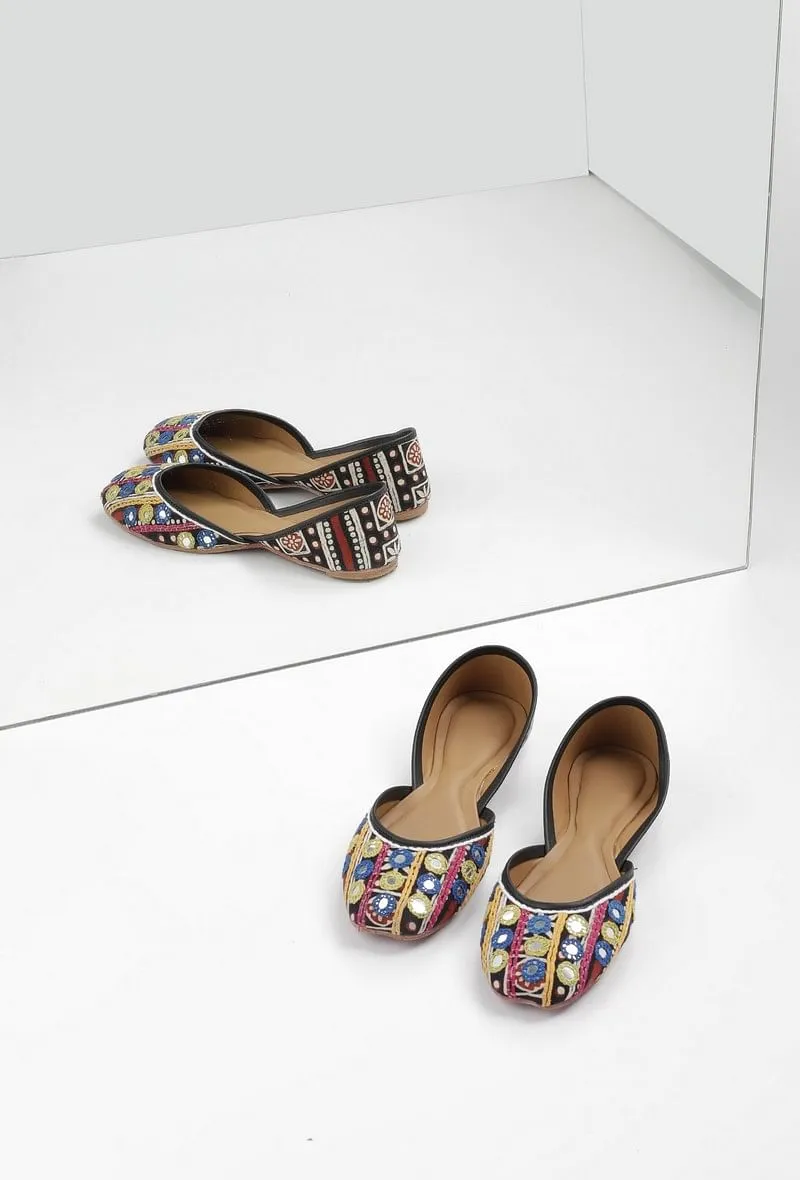 Mustard Blue Kutch Embroidered Juttis