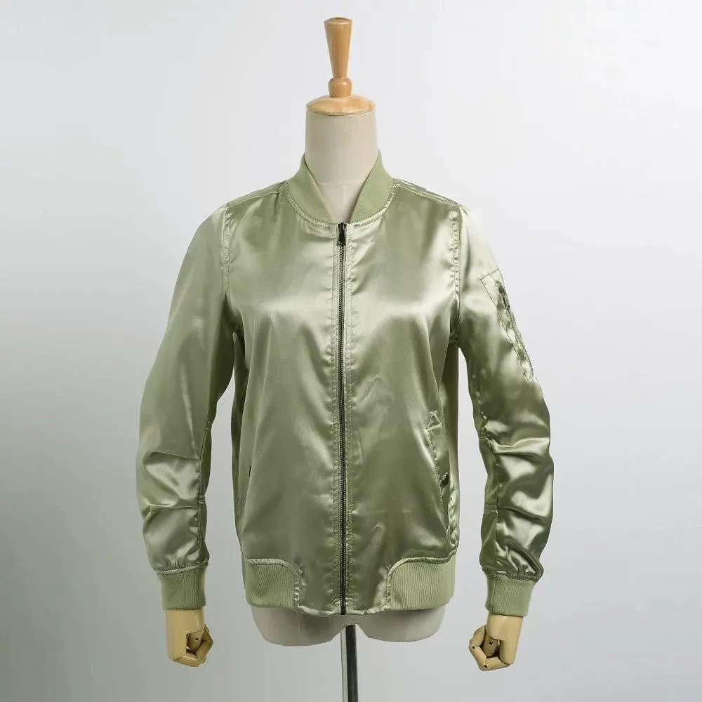 New Autumn 2016 Fashion Women Satin Bomber Jacket Ladies Casual Solid Long Sleeve Basic Coats Chaqueta Mujer Pink Army Green