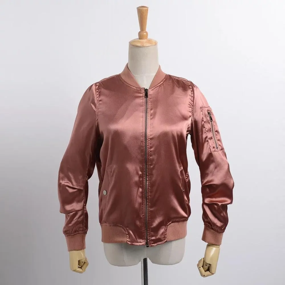 New Autumn 2016 Fashion Women Satin Bomber Jacket Ladies Casual Solid Long Sleeve Basic Coats Chaqueta Mujer Pink Army Green