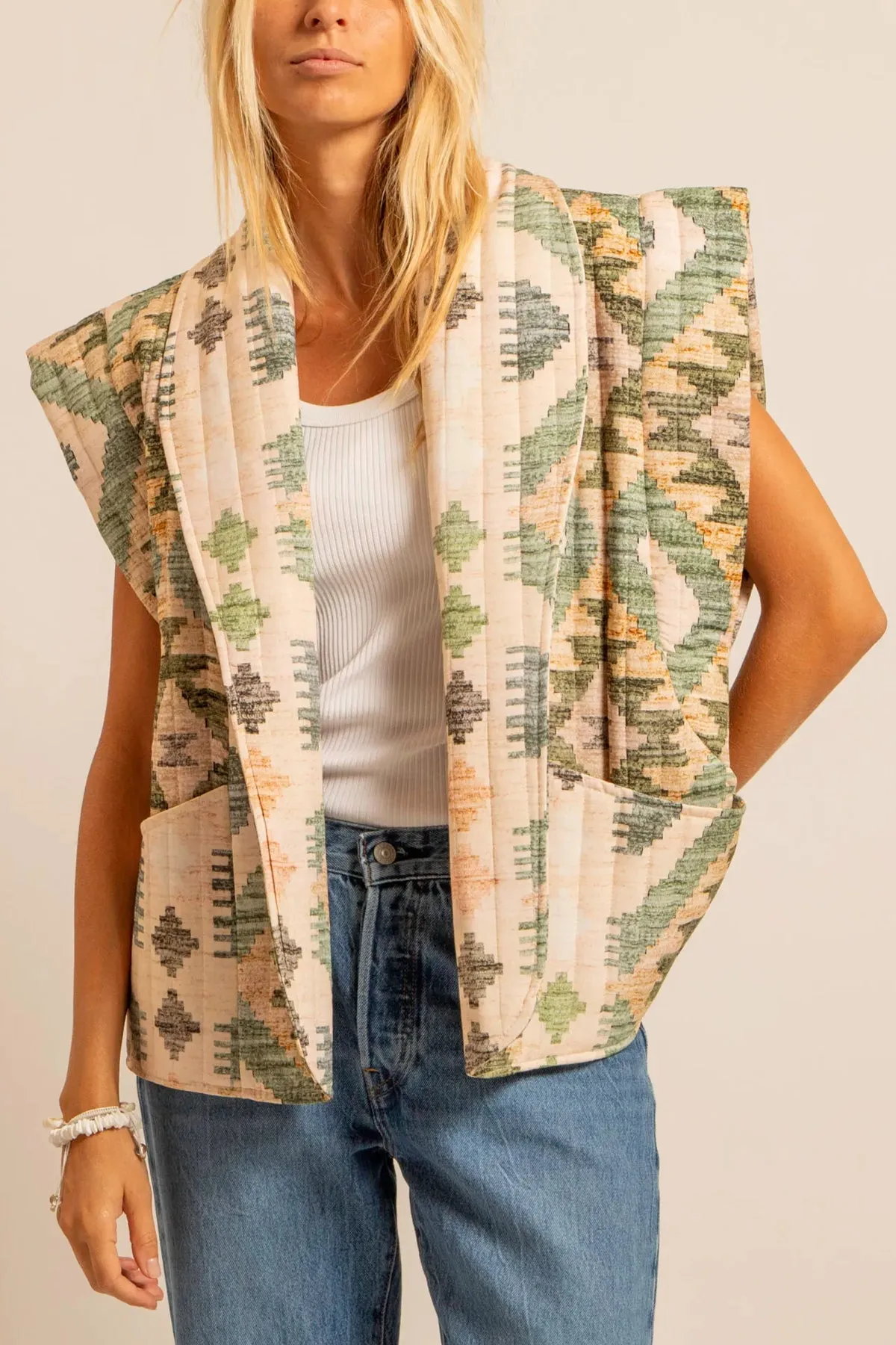 PADDED VISCOSE VEST "IKAT" GREEN