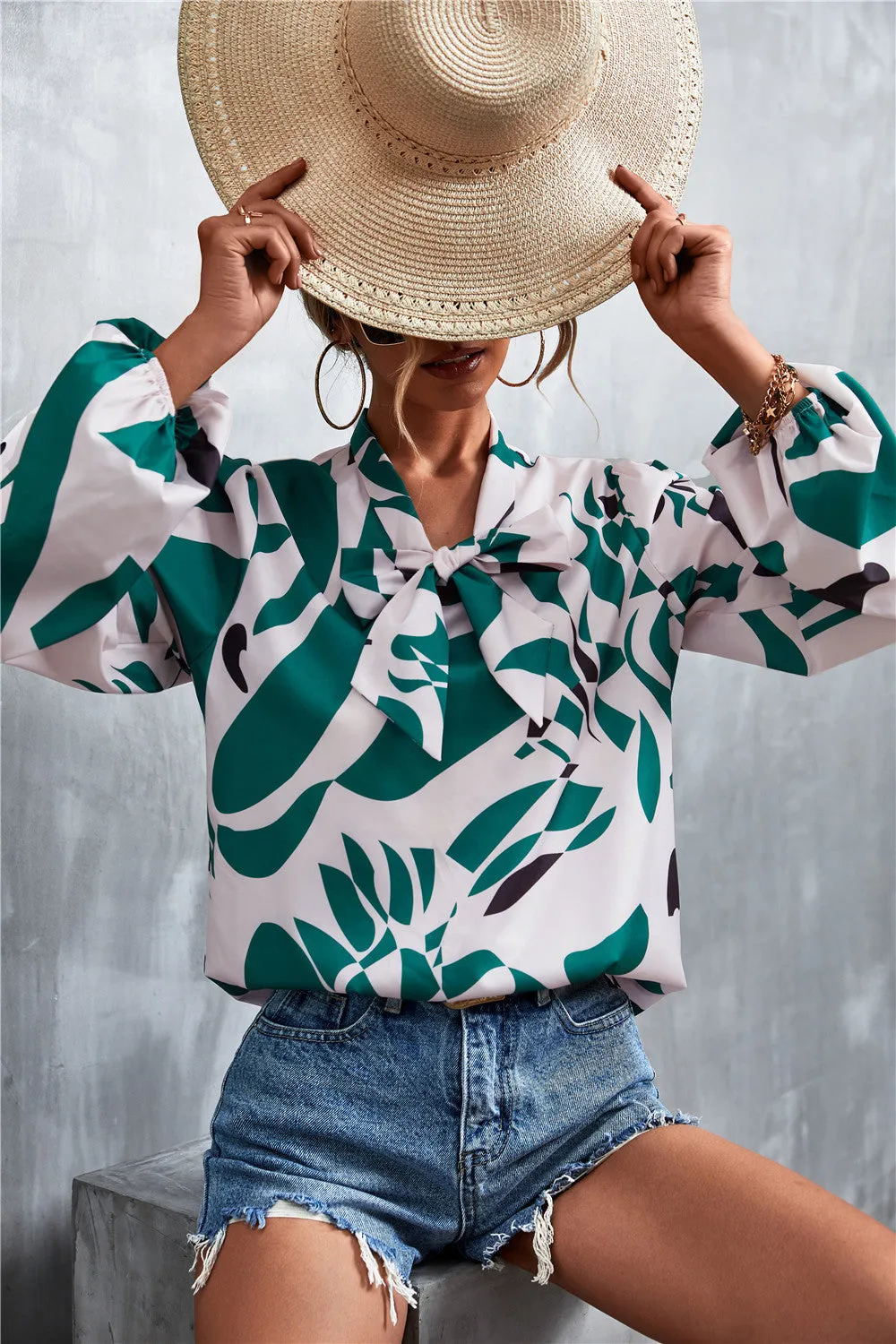 Printed Tie Neck Puff Sleeve Blouse