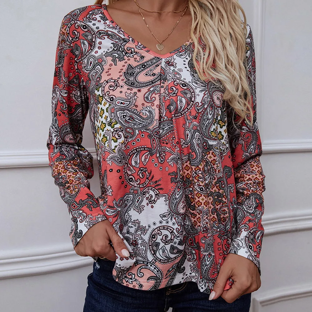 Printed V-Neck Long Sleeve Blouse