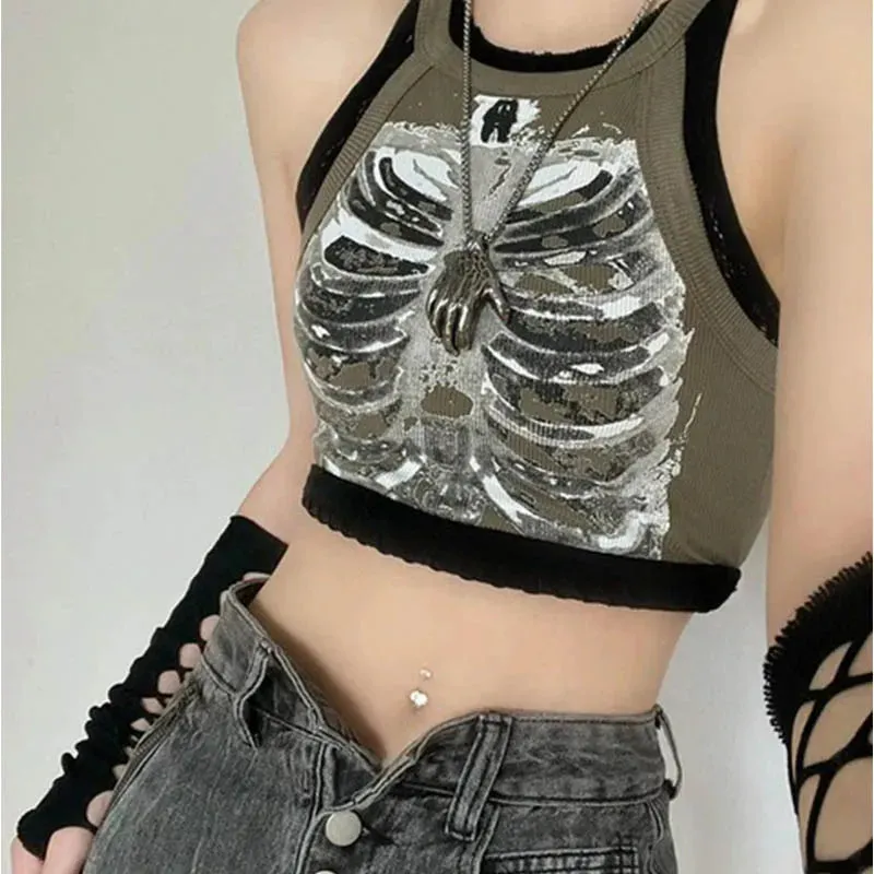 Punk Aesthetic Cyber Retro X-ray Skeleton Print Rib Sleeveless Vest in Army Green - Women's Crop Tank Top for Summer 2024