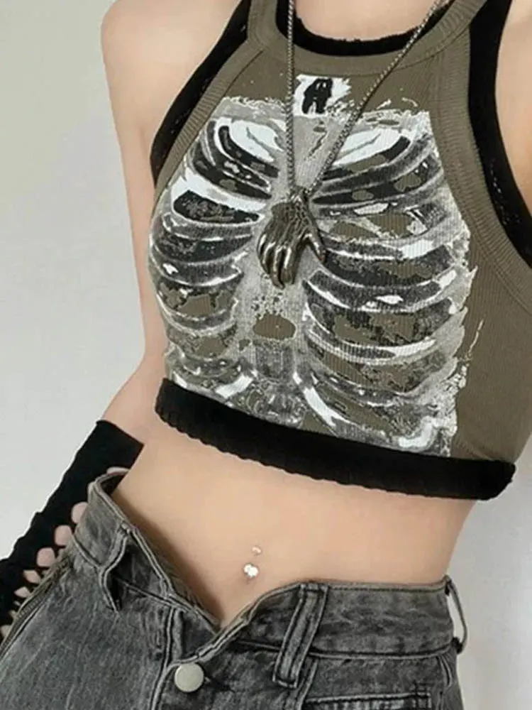 Punk Aesthetic Cyber Retro X-ray Skeleton Print Rib Sleeveless Vest in Army Green - Women's Crop Tank Top for Summer 2024