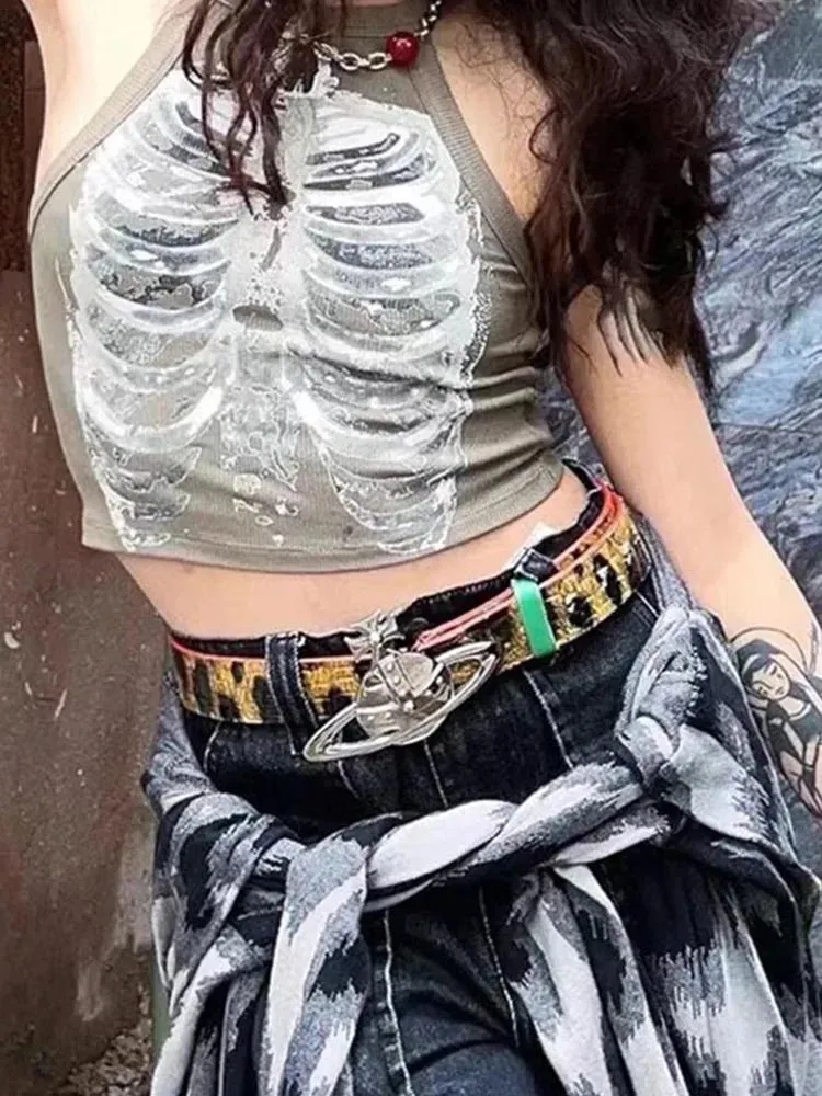 Punk Aesthetic Cyber Retro X-ray Skeleton Print Rib Sleeveless Vest in Army Green - Women's Crop Tank Top for Summer 2024