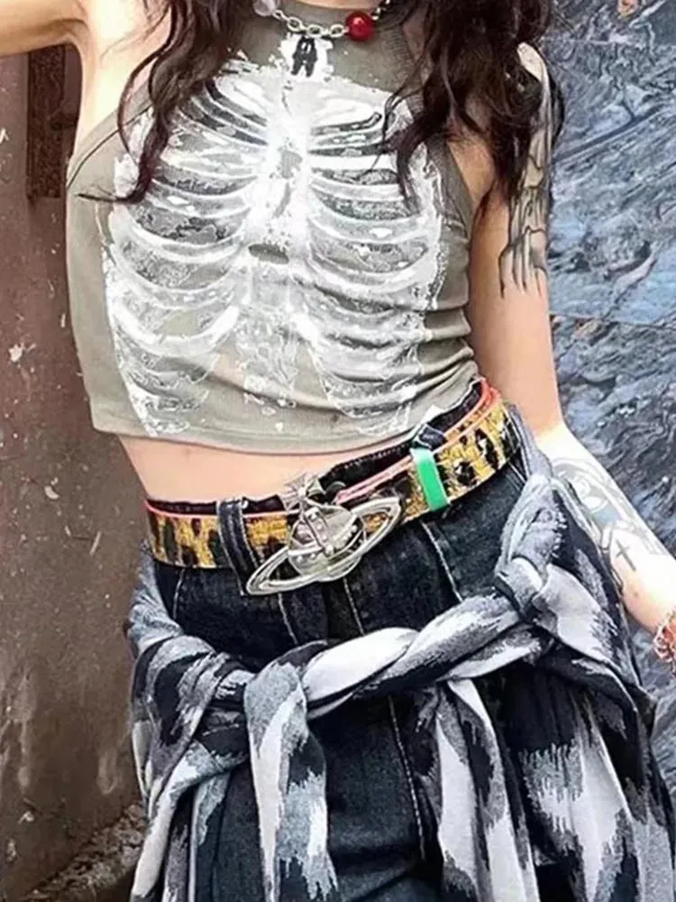 Punk Aesthetic Cyber Retro X-ray Skeleton Print Rib Sleeveless Vest in Army Green - Women's Crop Tank Top for Summer 2024