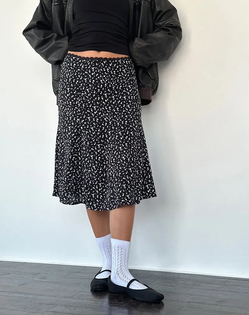 Rahyu Midi Skirt in Black Ditsy Romance