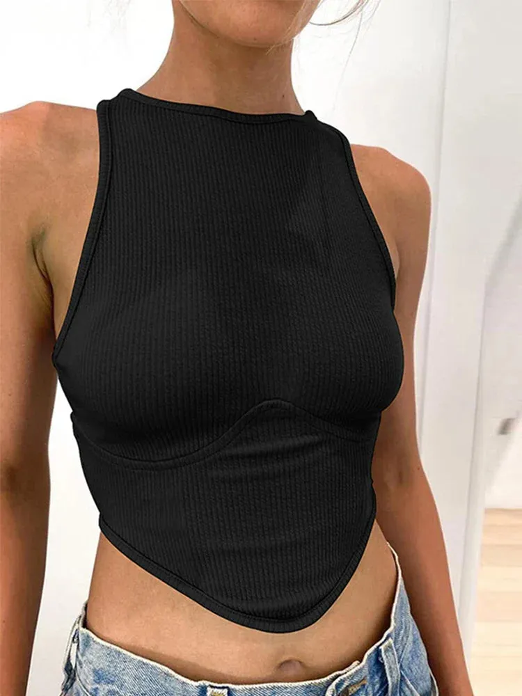 Ribbed O-Neck Sleeveless Crop Top