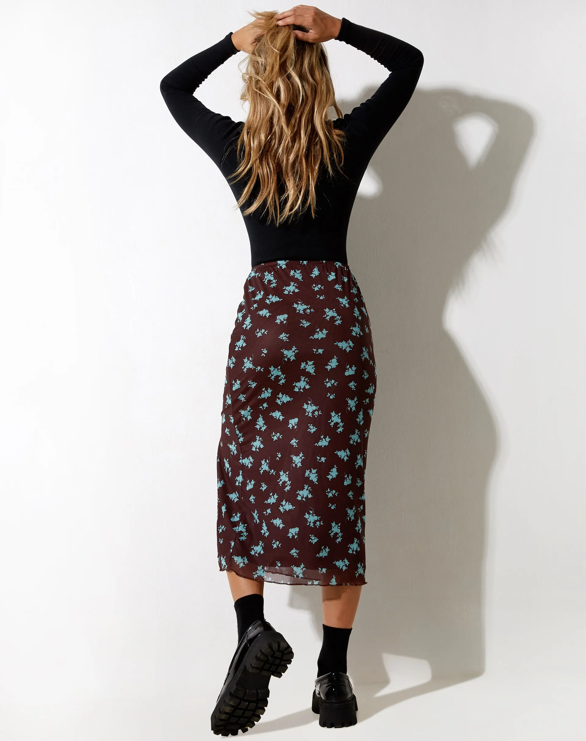 Rindai Midi Skirt in Femme Floral Blue and Brown