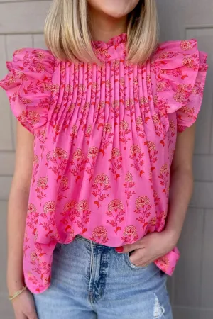 Ruffled Printed Mock Neck Cap Sleeve Blouse