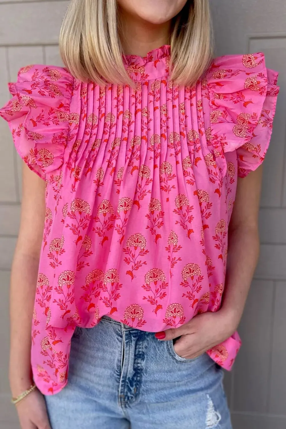 Ruffled Printed Mock Neck Cap Sleeve Blouse