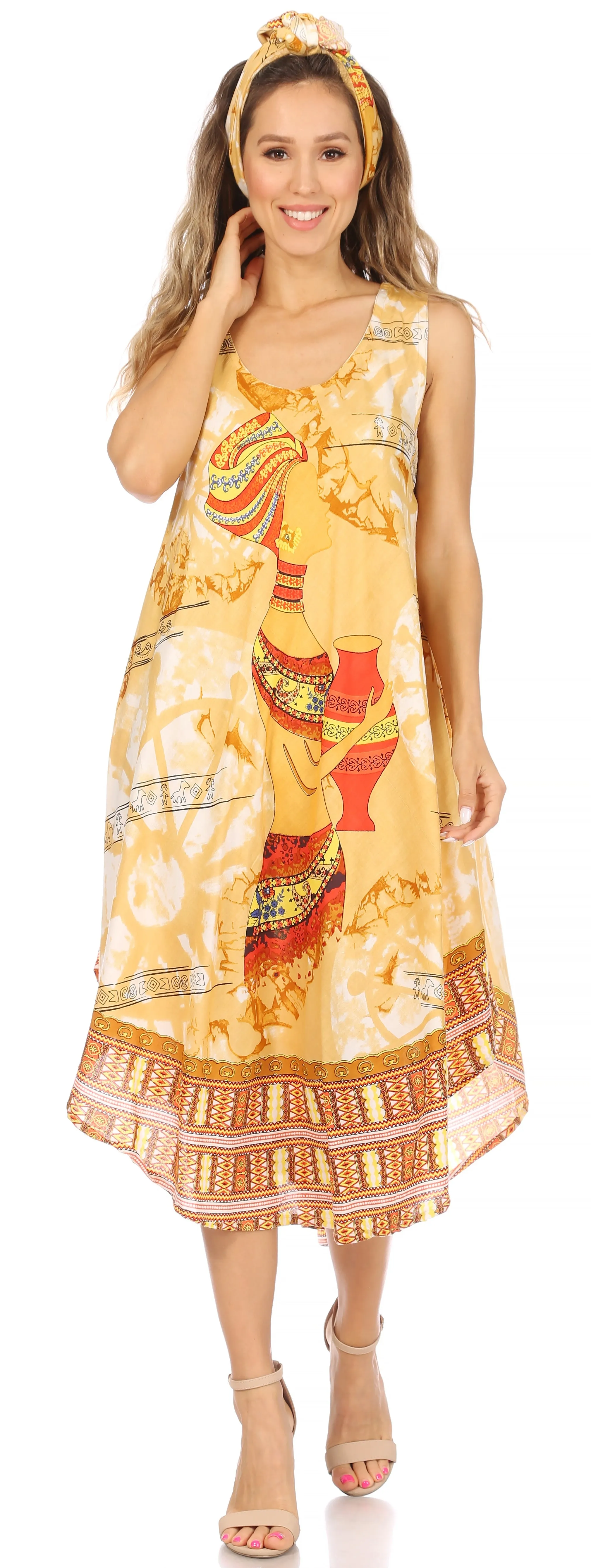 Sakkas Urbi Women's Casual African Print Beach Sleeveless Cover-up Caftan Dress