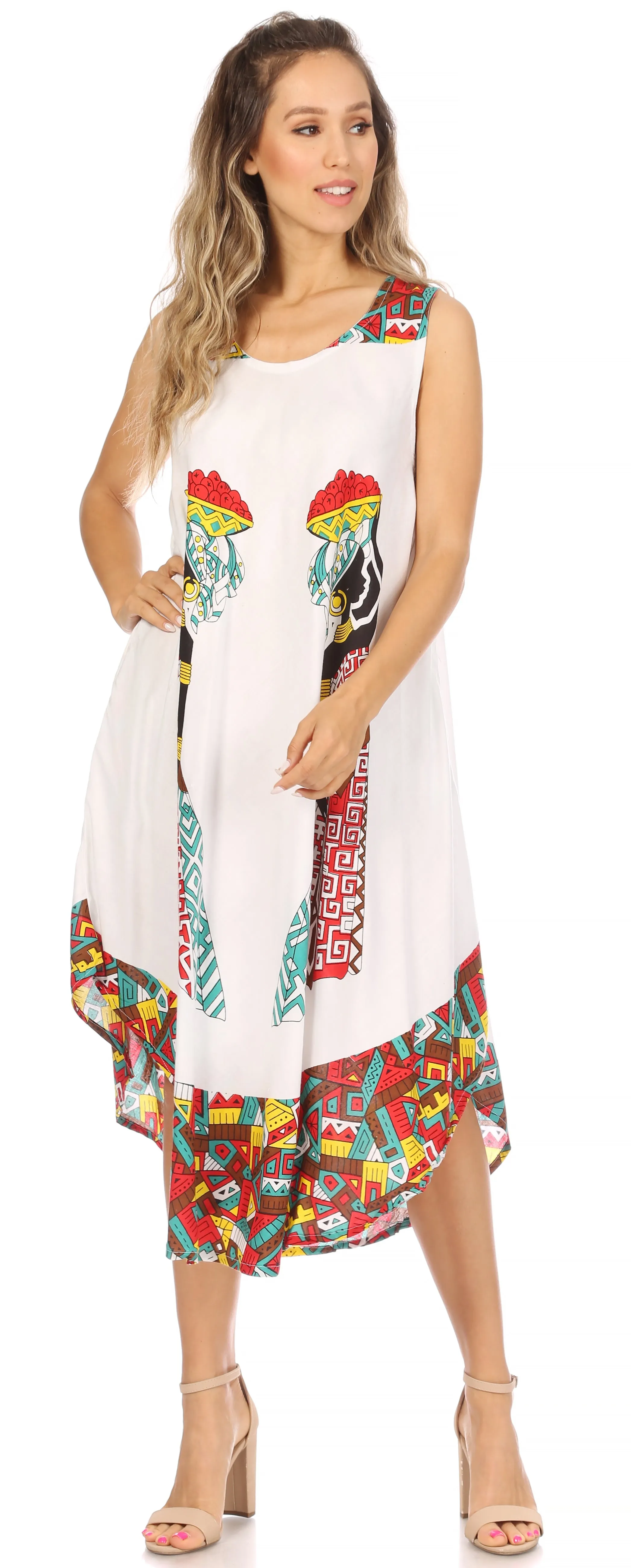 Sakkas Urbi Women's Casual African Print Beach Sleeveless Cover-up Caftan Dress