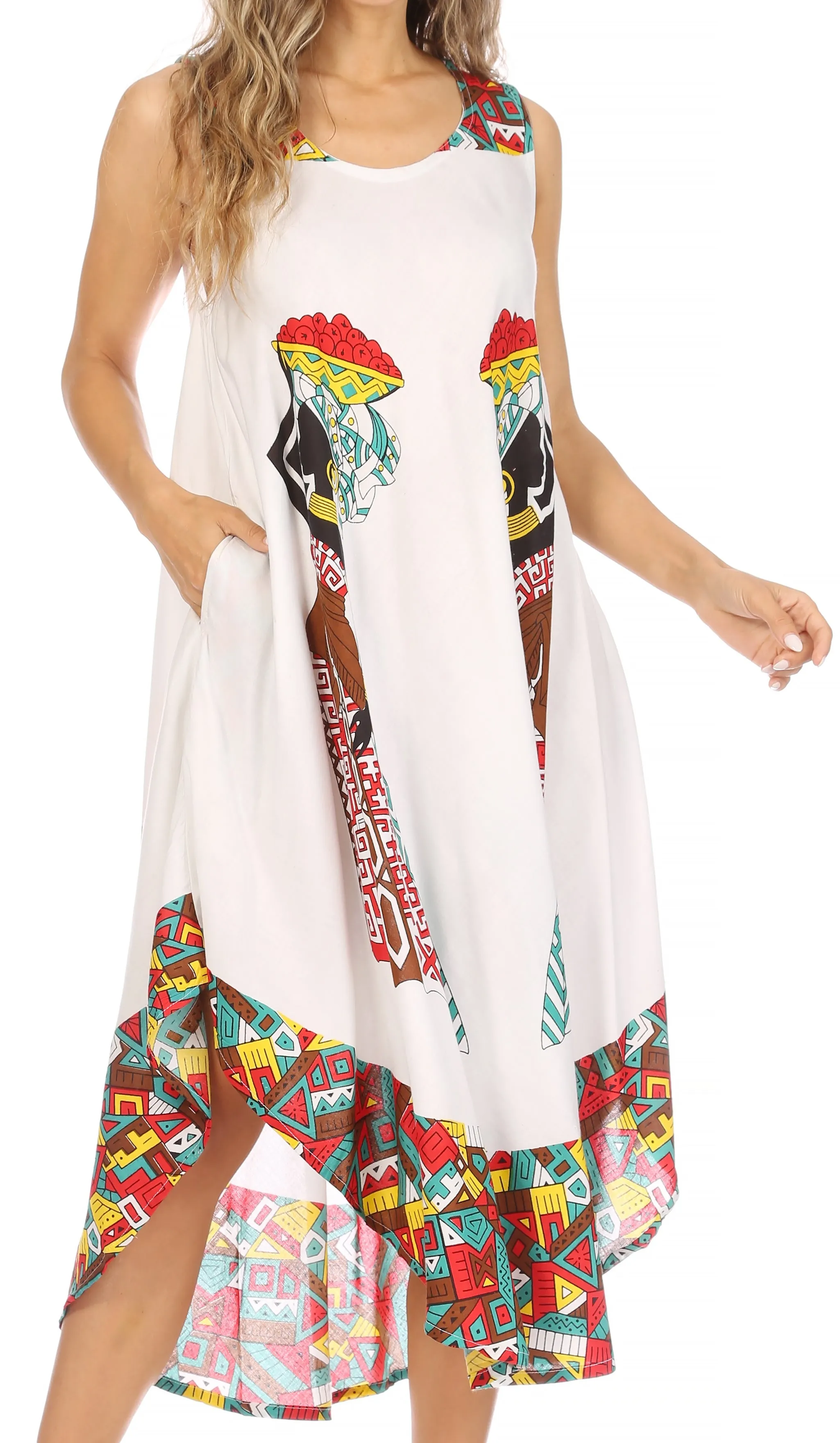 Sakkas Urbi Women's Casual African Print Beach Sleeveless Cover-up Caftan Dress