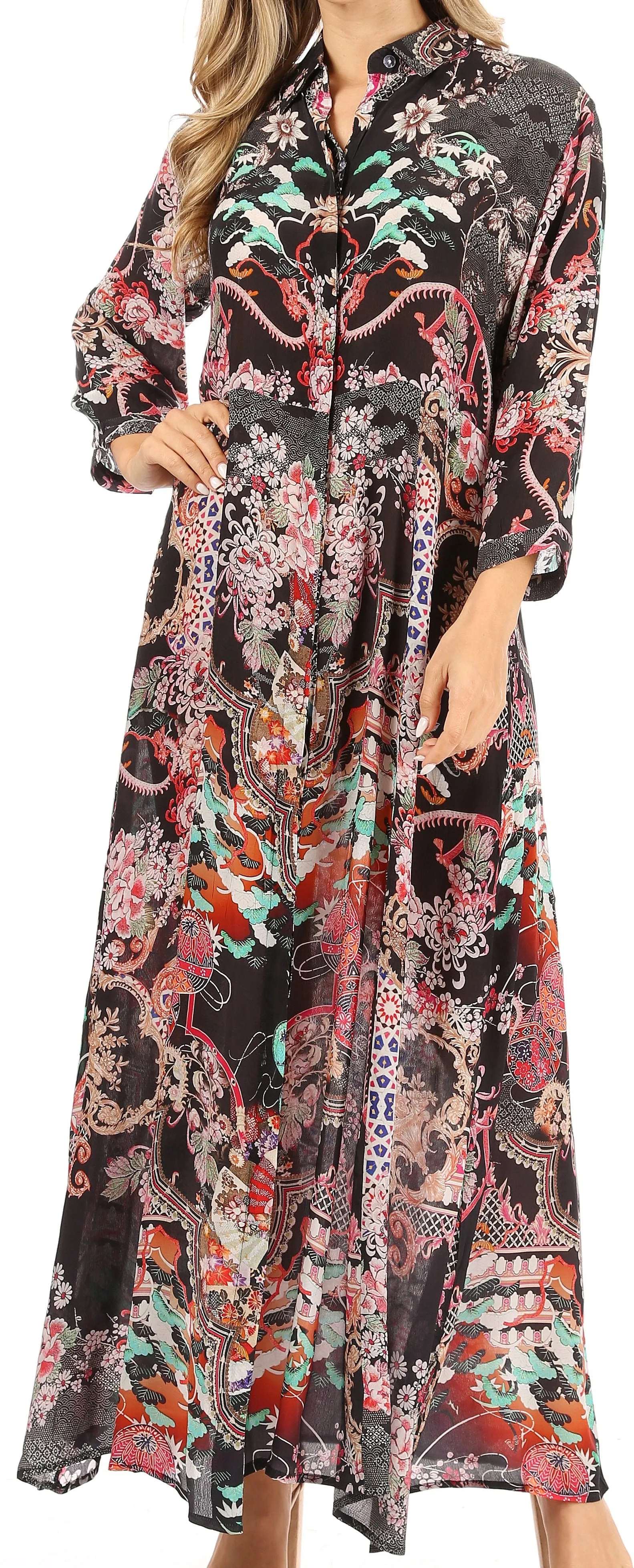 Sakkas Zuri Women's Casual Button Down Shirt Dress Caftan 3/4 Sleeve Floral Print