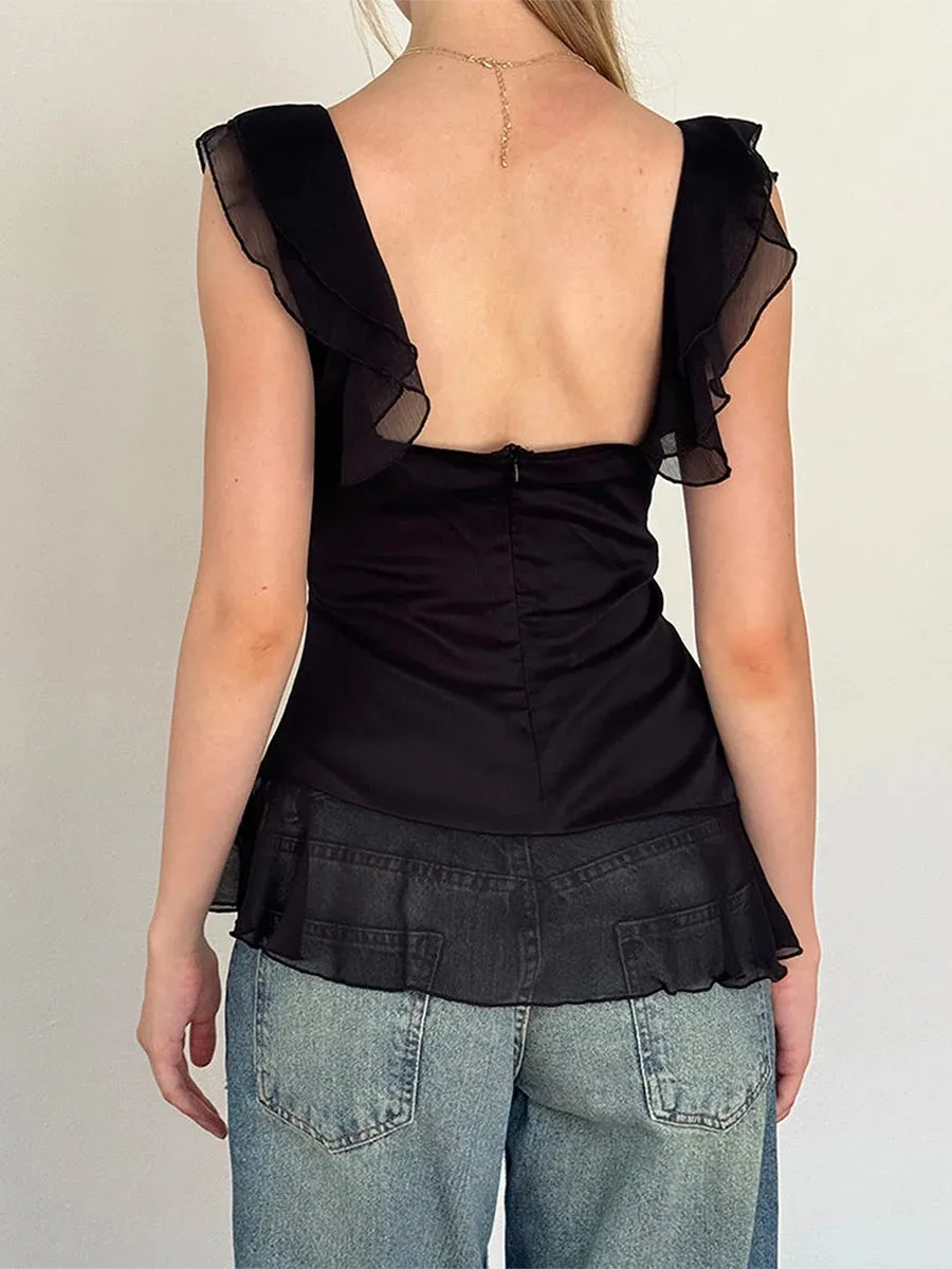 Sheer Mesh Sleeveless Backless 3D Stylish Elegant Trendy Chic Classic Ruffle Crop Top