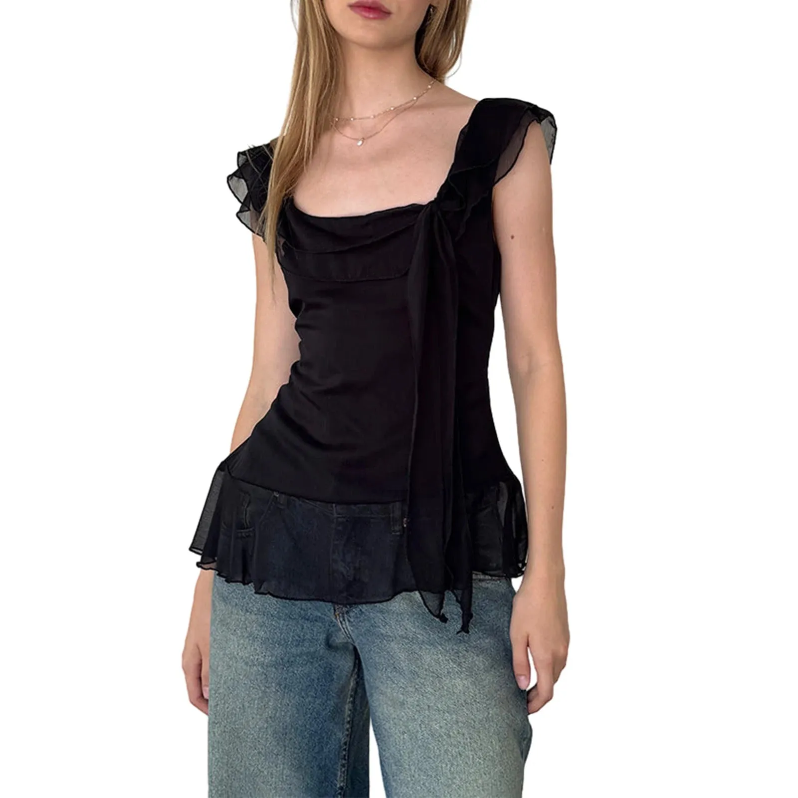 Sheer Mesh Sleeveless Backless 3D Stylish Elegant Trendy Chic Classic Ruffle Crop Top