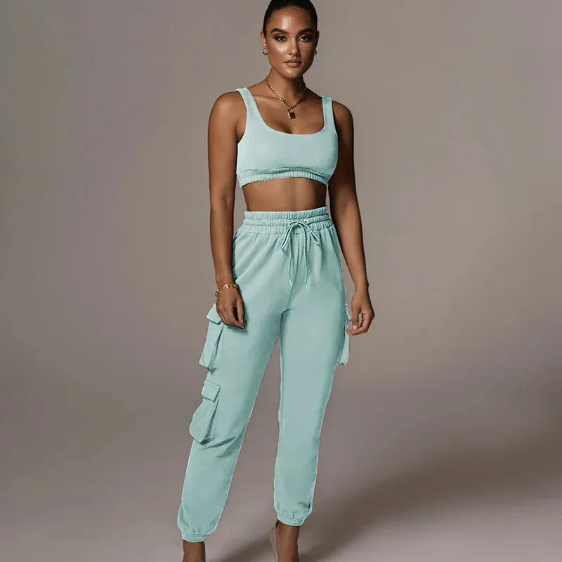 Solid Athleisure Casual Sporty Tracksuit Sets For Women Tank Top And Jogger Pants Suit Summer Two Piece Outfit Fashion 2023 Set