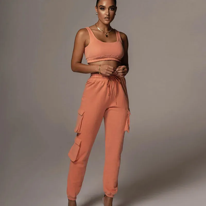 Solid Athleisure Casual Sporty Tracksuit Sets For Women Tank Top And Jogger Pants Suit Summer Two Piece Outfit Fashion 2023 Set