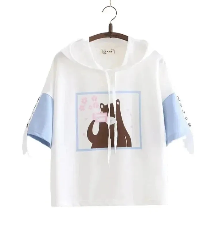 Summer Hooded T Shirts cartoon print short Sleeve cotyon Tee Shirt Femme Pink White Women Basic T-Shirt Casual Female Tops