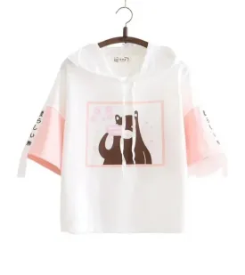 Summer Hooded T Shirts cartoon print short Sleeve cotyon Tee Shirt Femme Pink White Women Basic T-Shirt Casual Female Tops