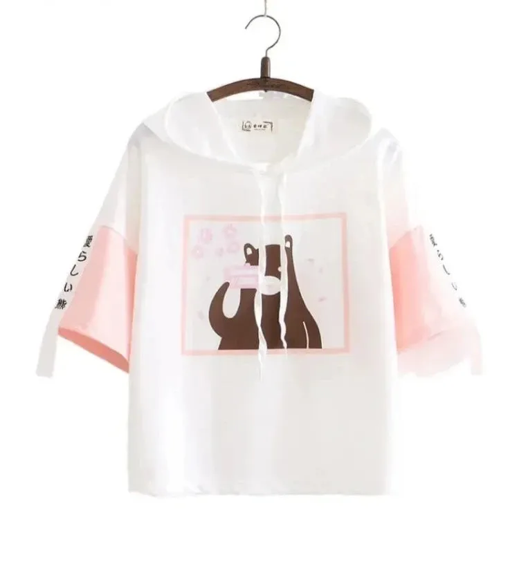 Summer Hooded T Shirts cartoon print short Sleeve cotyon Tee Shirt Femme Pink White Women Basic T-Shirt Casual Female Tops