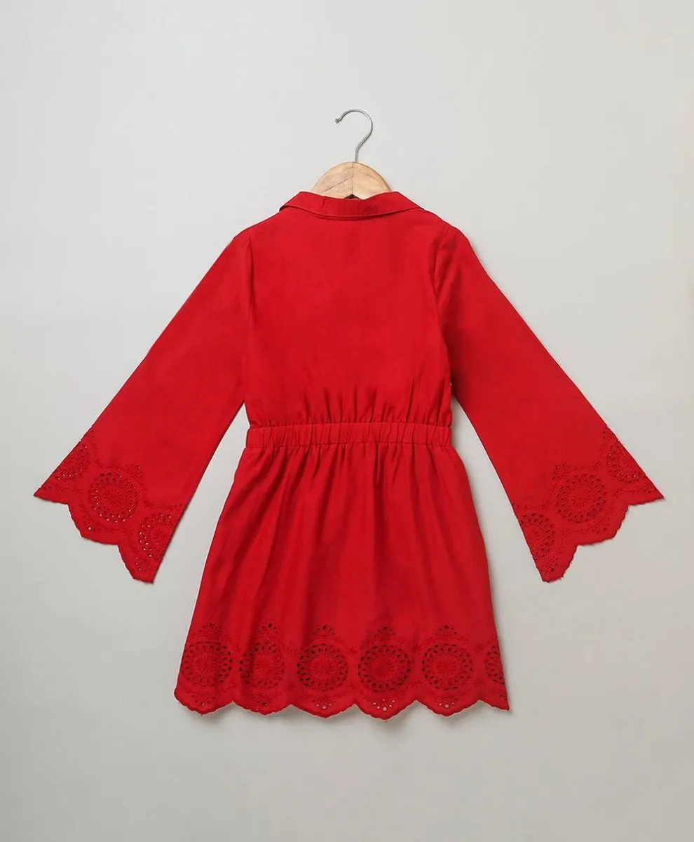 Sweetlime By AS Cherry Red Flared Schiffly Dress