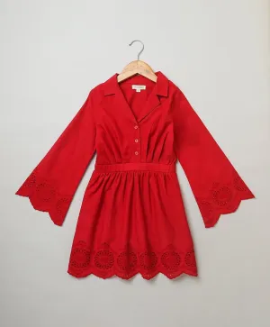 Sweetlime By AS Cherry Red Flared Schiffly Dress