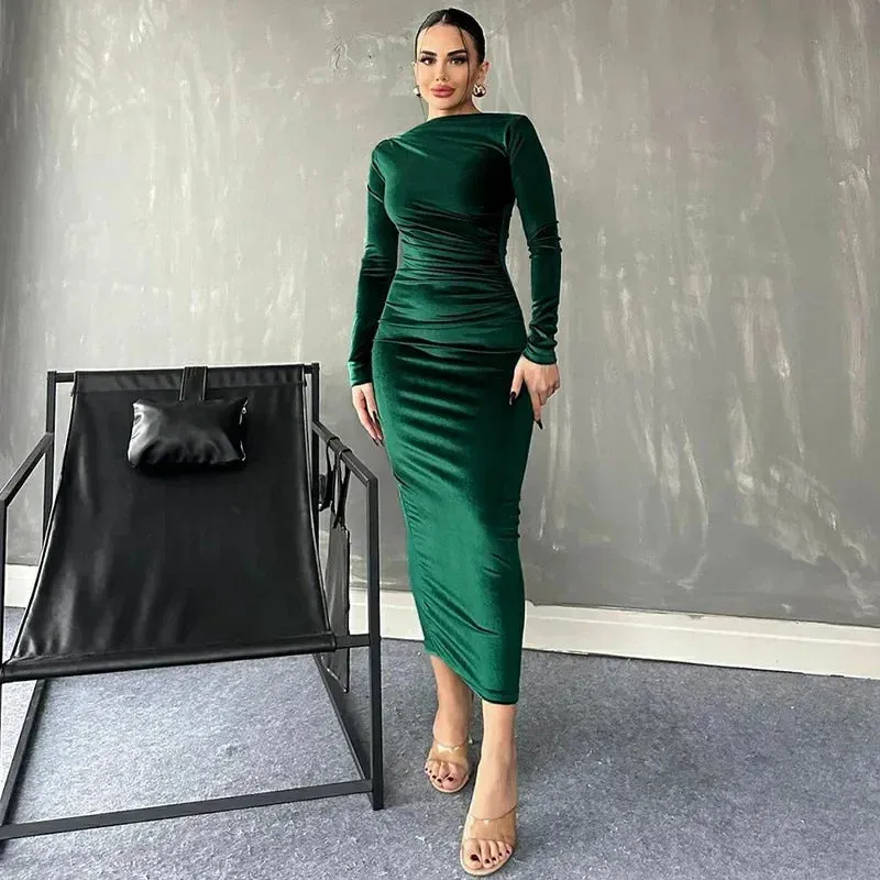 Velvety Ruched Long-sleeved Body-hugging Elegant Club-ready Midi Dress