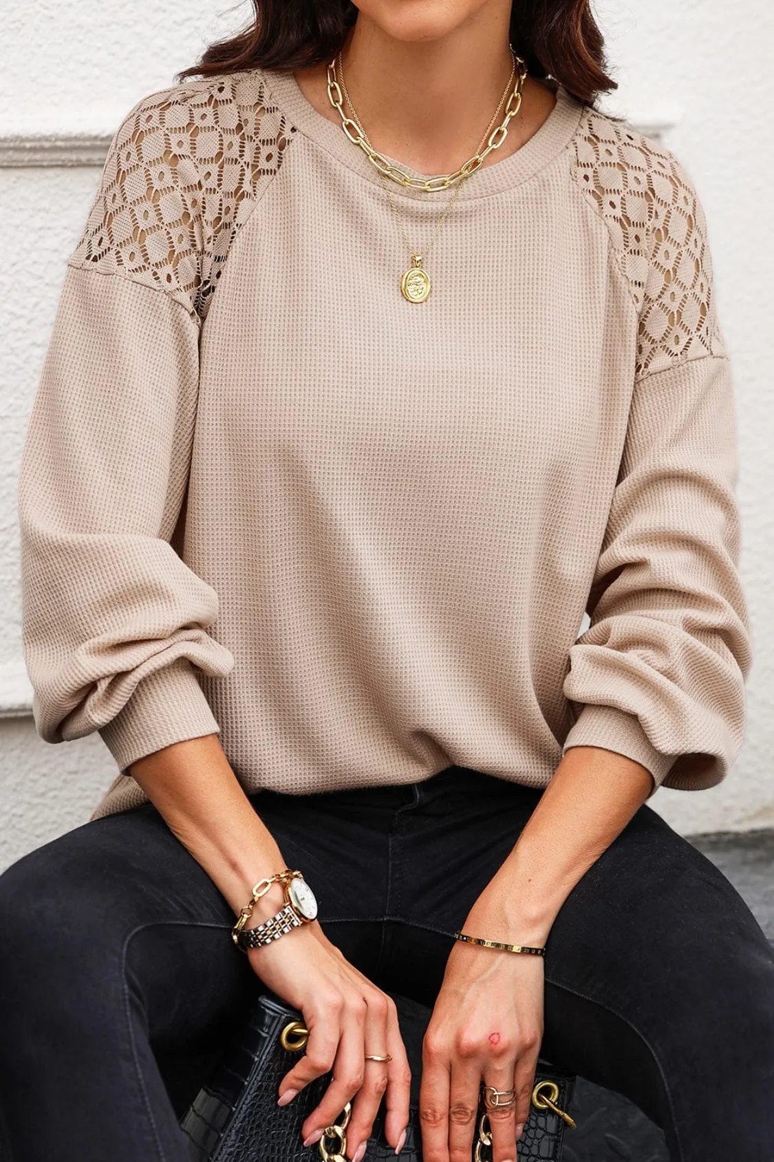 Woman's Lace-Shoulders Long Lantern Sleeve Top