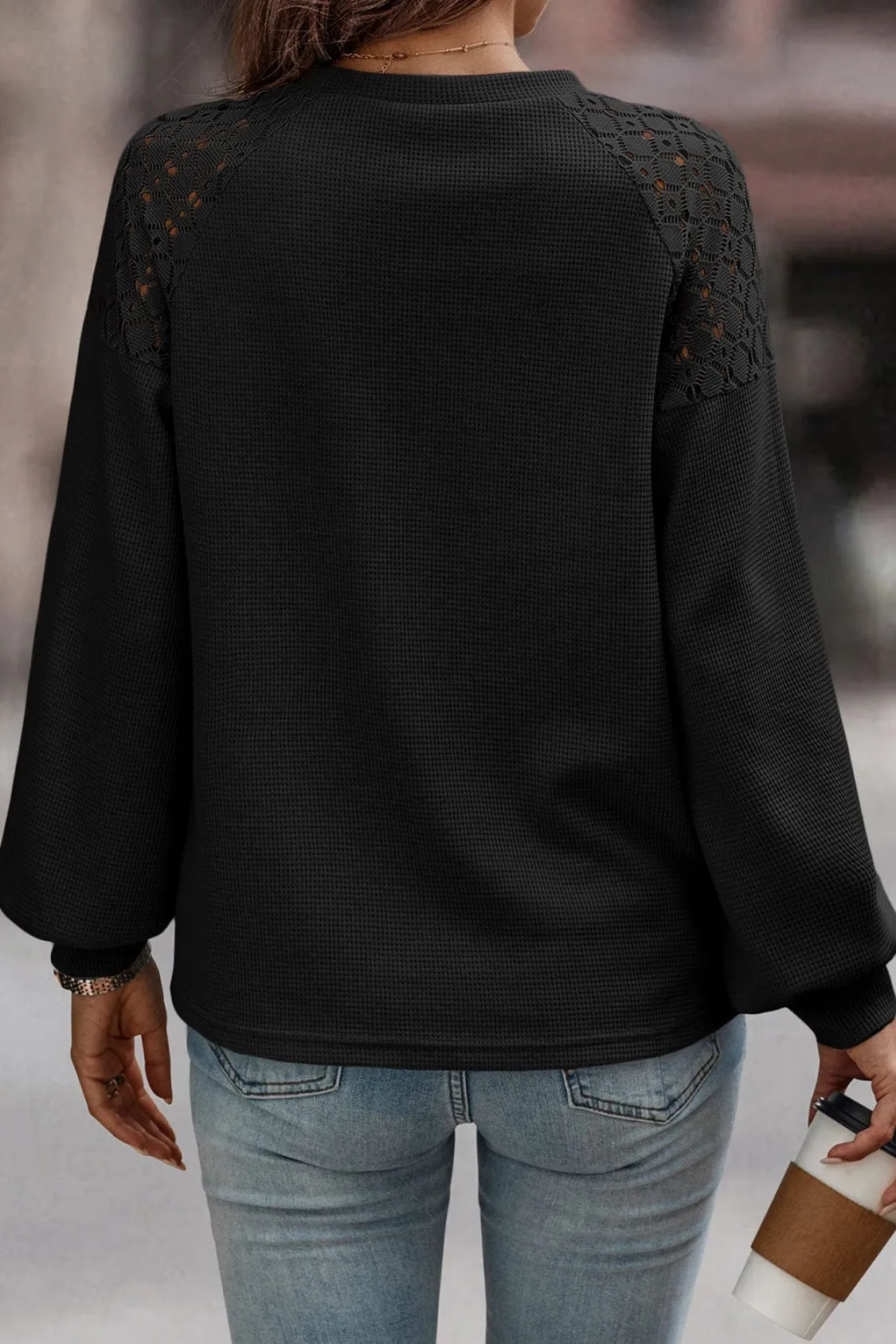 Woman's Lace-Shoulders Long Lantern Sleeve Top