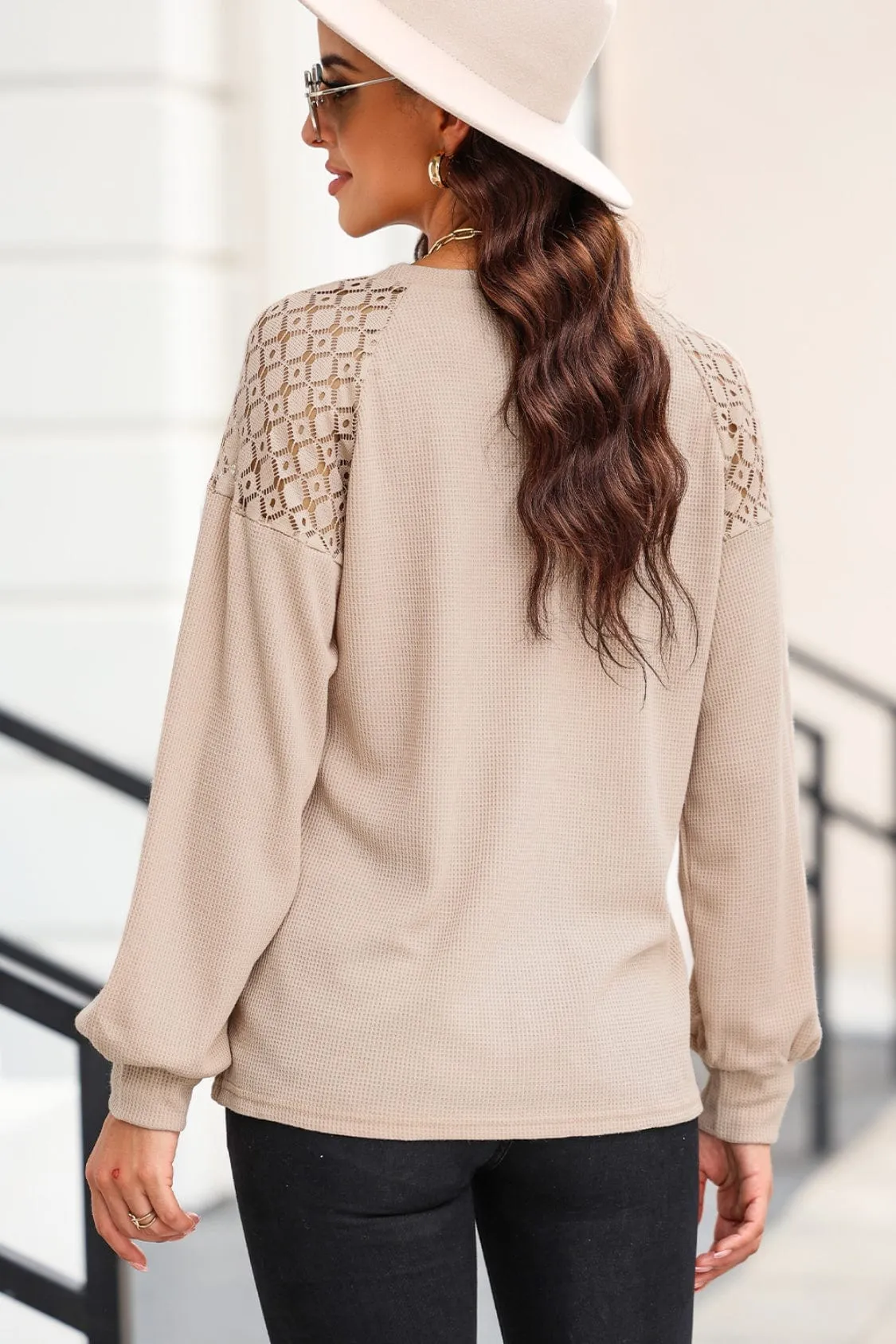 Woman's Lace-Shoulders Long Lantern Sleeve Top