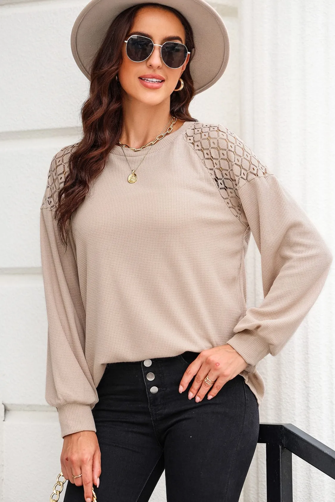 Woman's Lace-Shoulders Long Lantern Sleeve Top