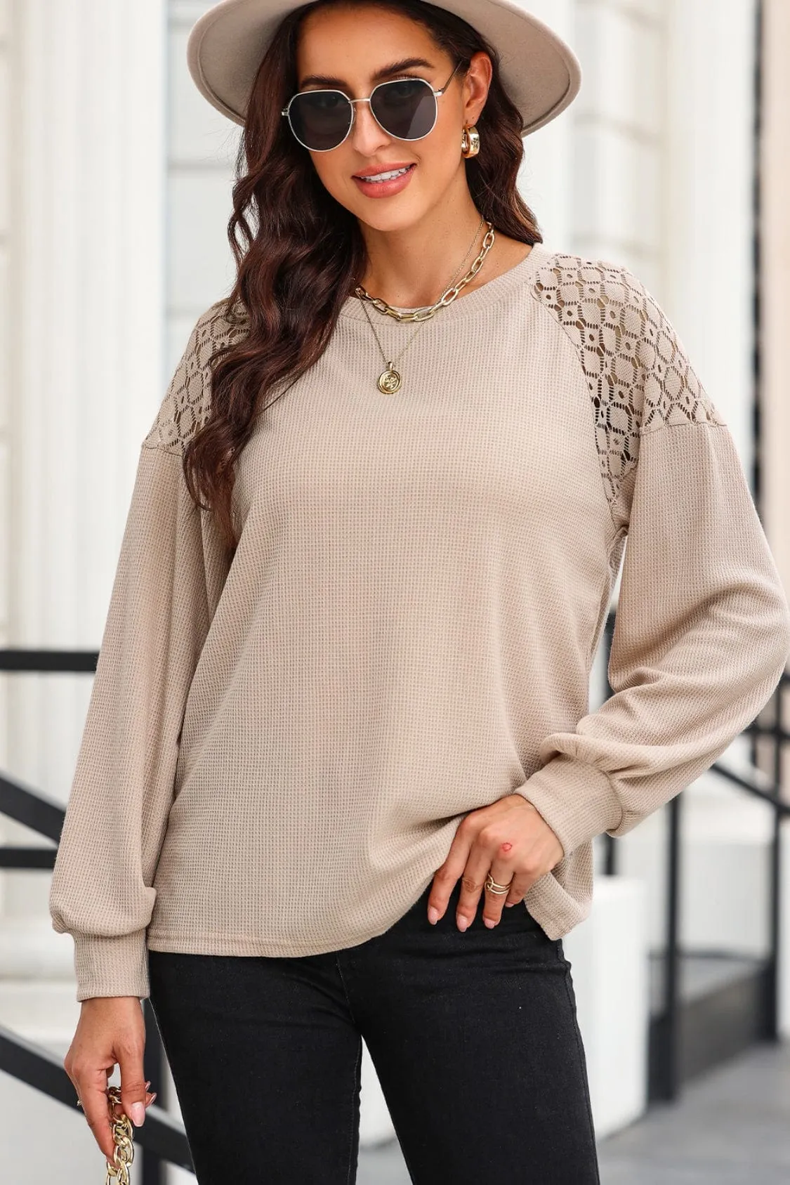 Woman's Lace-Shoulders Long Lantern Sleeve Top