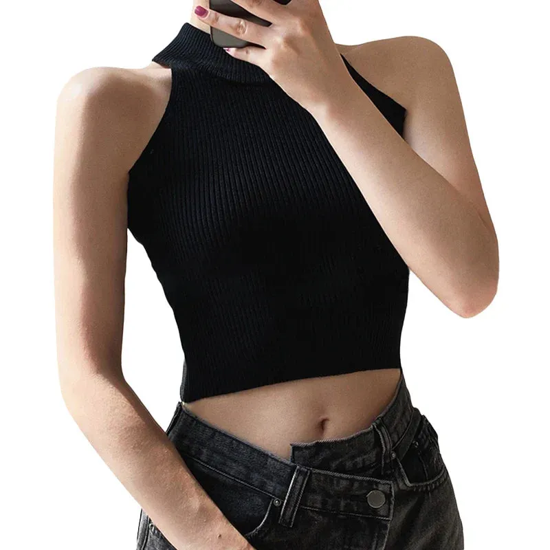 Women Ribbed Knitted Solid Color Round Neck Sleeveless Slim Fit Summer Going Out Tank Y2k Top