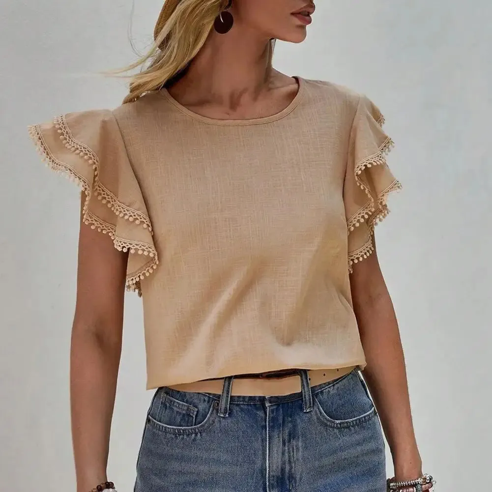 Women Shirt O-neck Ruffle Short Sleeve Pullover Solid Color Blouse