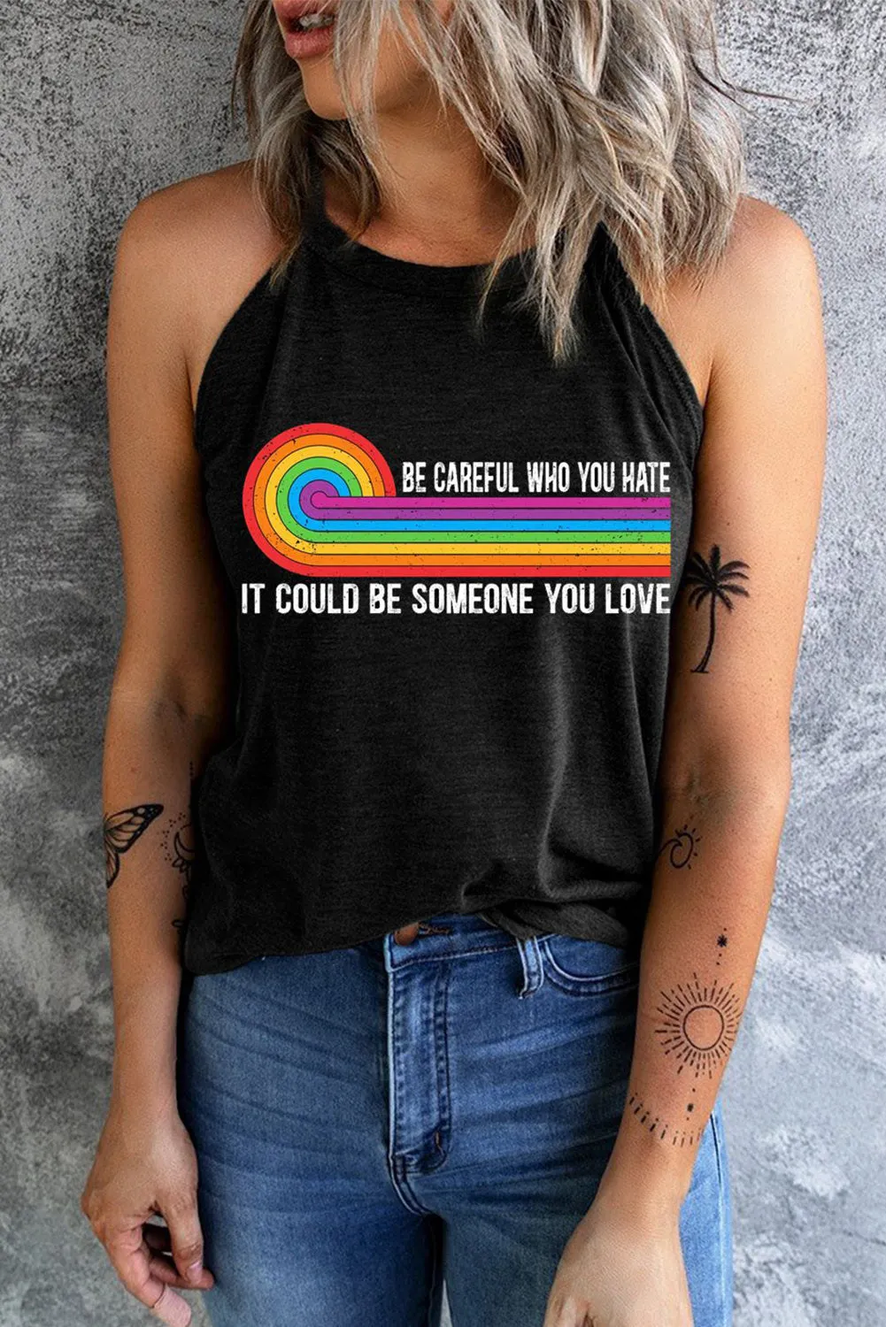 Womens Be Careful Who You Hate It Could Be Someone You Love Rainbow Striped Tank Tops