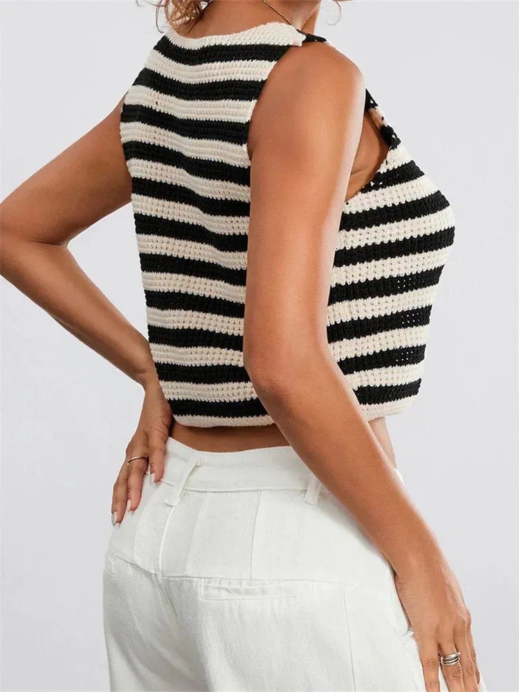 Y2K Knitted Striped Retro Sleeveless V-Neck Button Up Autumn Chic Club Cami Top